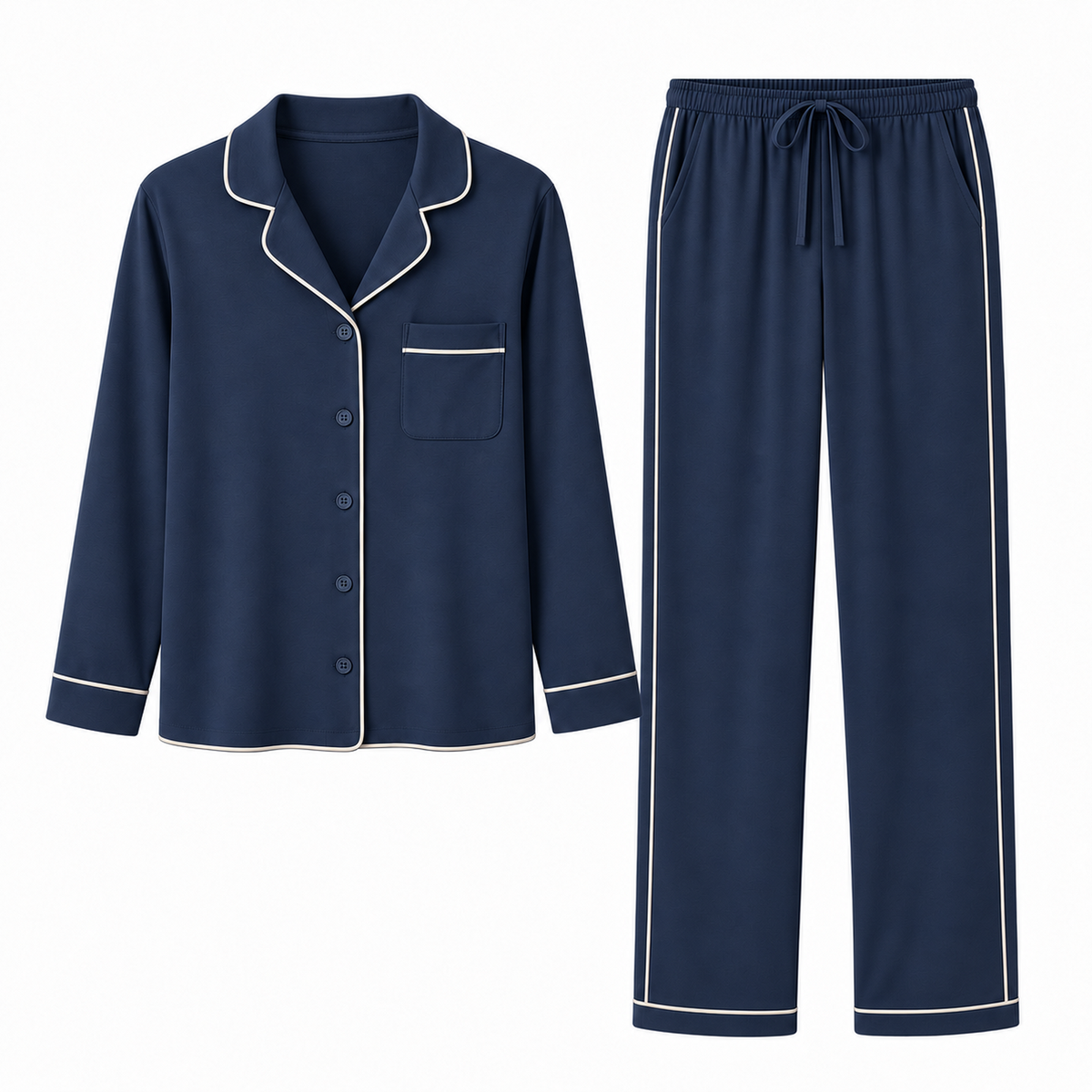 Noelle Contrast-Piped Long Pajama Set