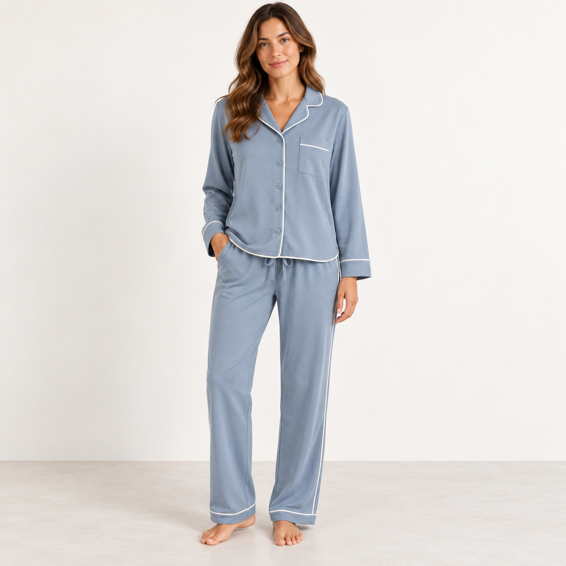 Noelle Contrast-Piped Long Pajama Set