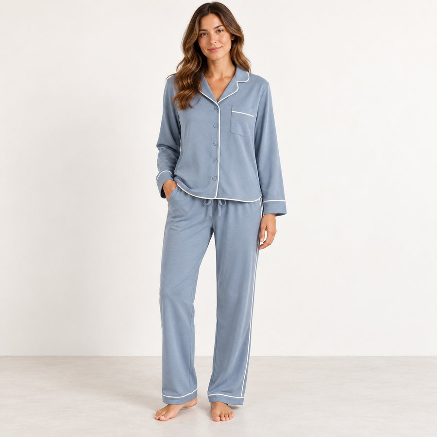 Noelle Contrast-Piped Long Pajama Set